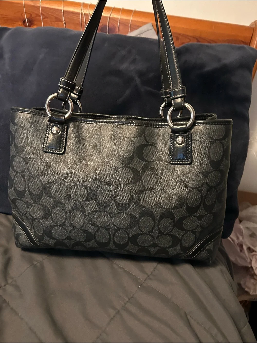 COACH Black Signature Canvas Peyton Pocket Tote w/ matching wallet